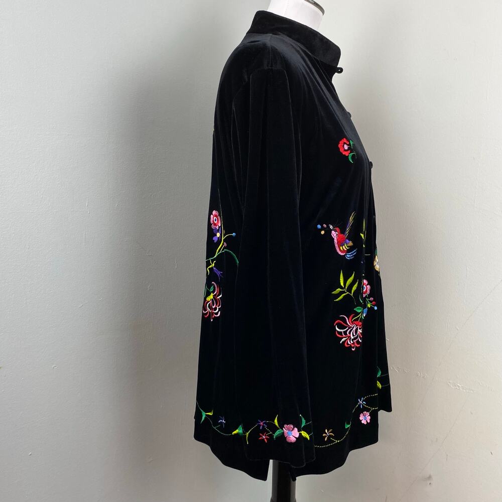 Susan Graver Black Velour Floral Embroidered Button Down Top Kimono Jacket Small - Picture 6 of 10
